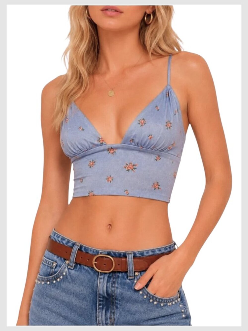 Reformation Crop Top Dusty Blue Orange Floral Adjustable Strap 8 M